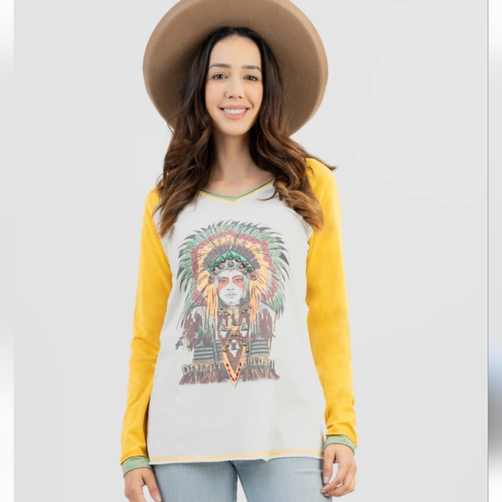 Delilah Indian Queen Scoop V-Neck Embellished Long Sleeve Tee Size XXL